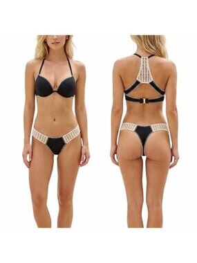 ⭐Victoria's Secret Swim Bikini Set Black Crochet Scuba Push Up 32DD & Thong M